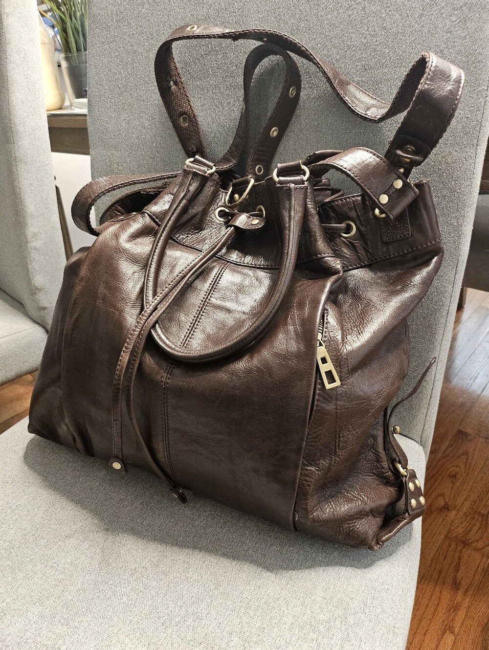 BCBGMaxAzria Dark Brown Leather Drawstring Tote with Gold Hardware